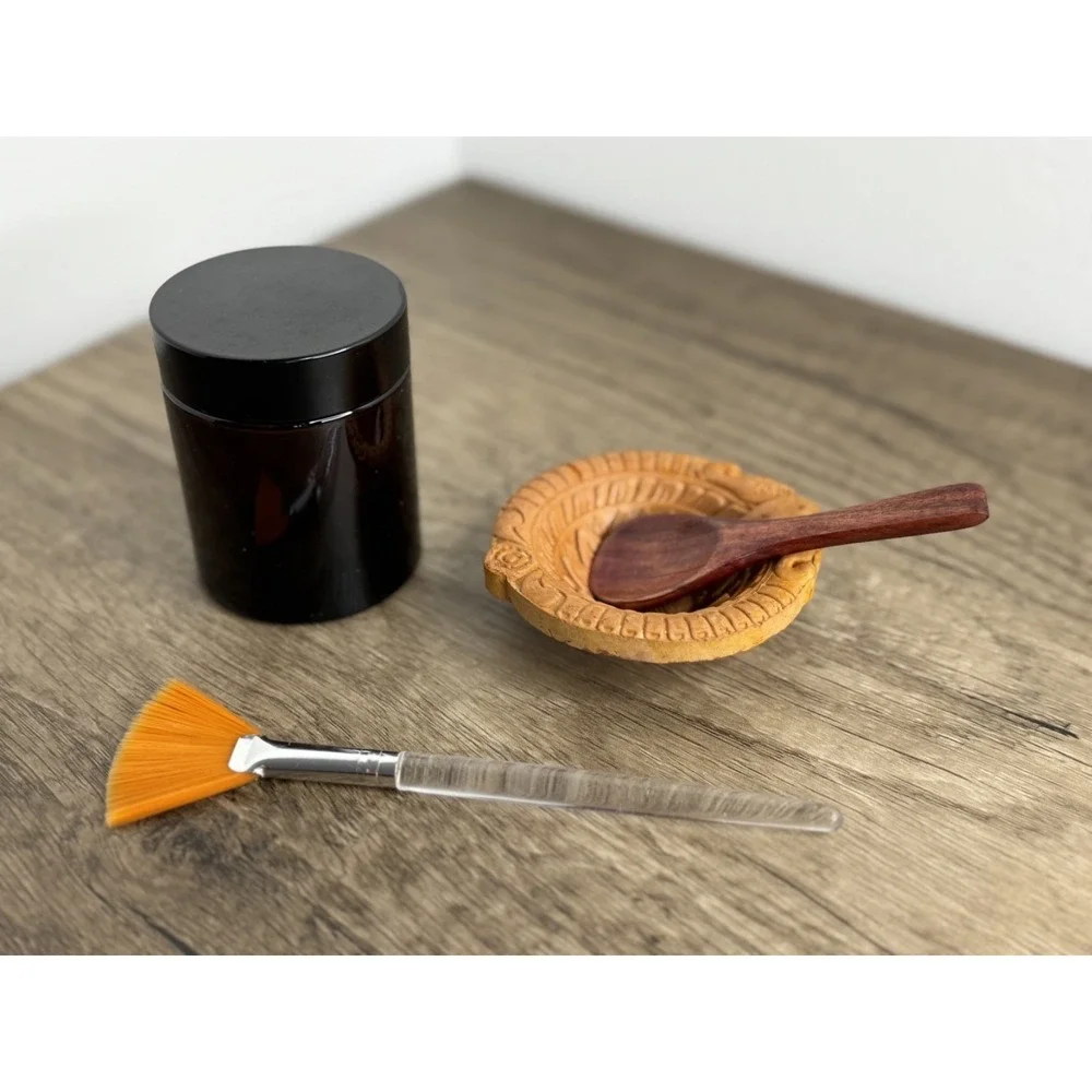 Facial Mask Mixing Set Amber Glass‎ Jar Terracotta Bowl Wooden Spoon Fan Brush